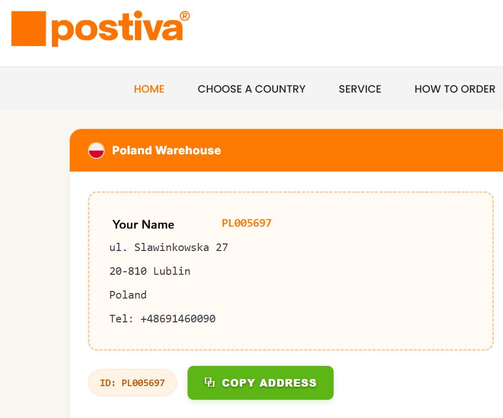 Postiva warehouse address card
